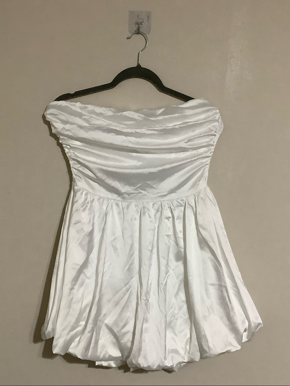 White Strapless Smocked Bodice Bubble Hem Dress